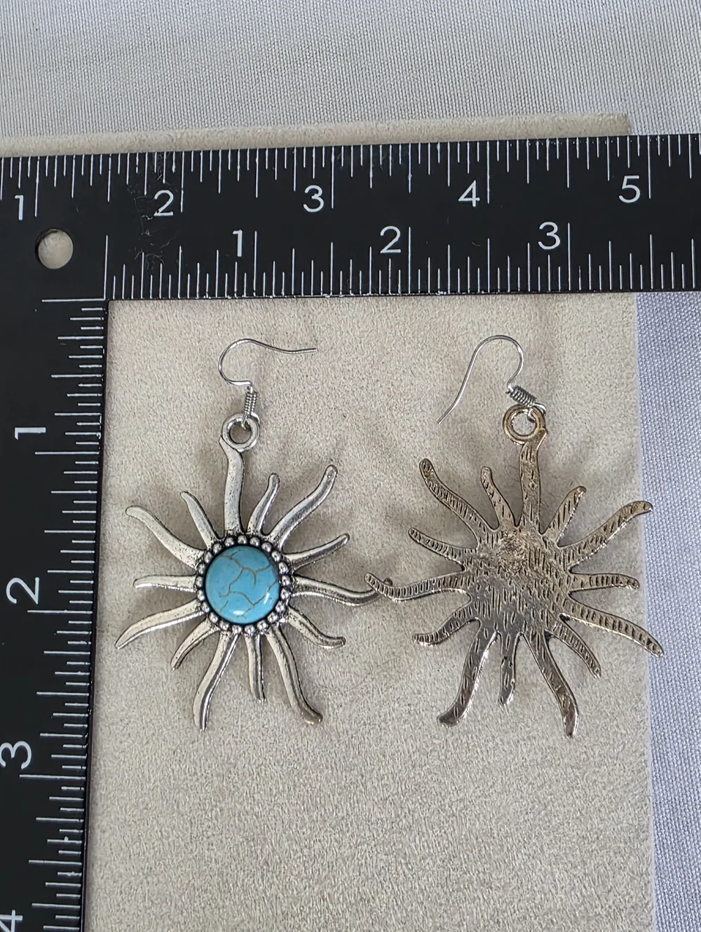 Boho Southwestern Silver Sunburst Dangle Earrings with Turquoise Style Stone